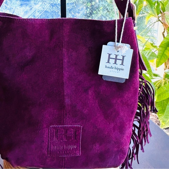 Haute Hippie Fringe Suede Bucket Bag Burgundy / Wine Boho Slouchy design ⭐️NWT⭐️ - Picture 7 of 15